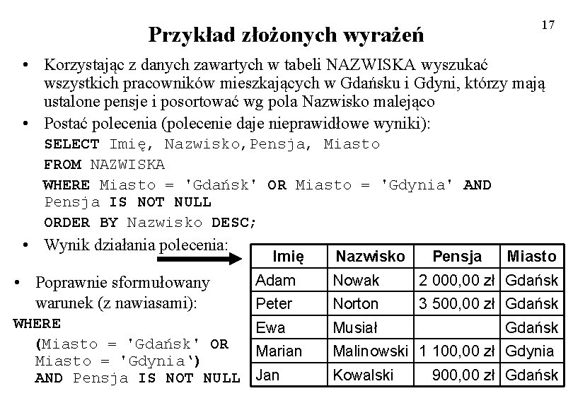 17 Przykład złożonych wyrażeń • Korzystając z danych zawartych w tabeli NAZWISKA wyszukać wszystkich