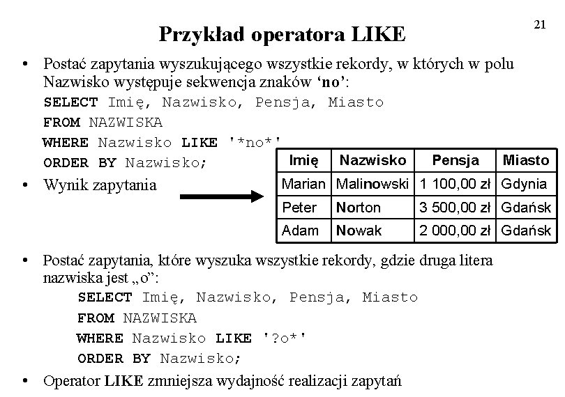 21 Przykład operatora LIKE • Postać zapytania wyszukującego wszystkie rekordy, w których w polu