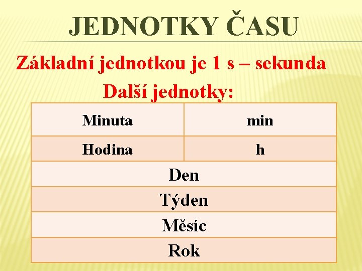 JEDNOTKY ČASU Základní jednotkou je 1 s – sekunda Další jednotky: Minuta min Hodina JEDNOTKY ČASU Základní jednotkou je 1 s – sekunda Další jednotky: Minuta min Hodina