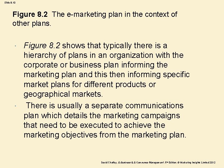 Slide 8. 10 Figure 8. 2 The e-marketing plan in the context of other