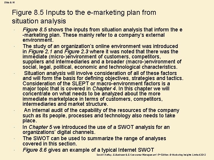 Slide 8. 16 Figure 8. 5 Inputs to the e-marketing plan from situation analysis