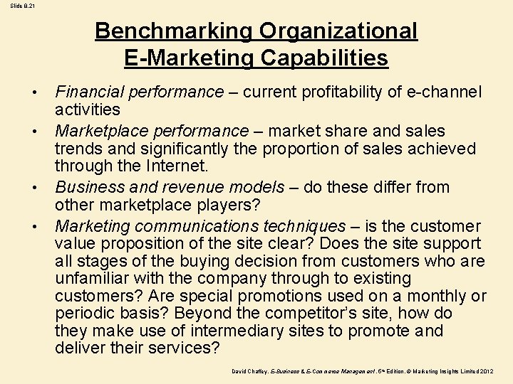 Slide 8. 21 Benchmarking Organizational E-Marketing Capabilities • • Financial performance – current profitability