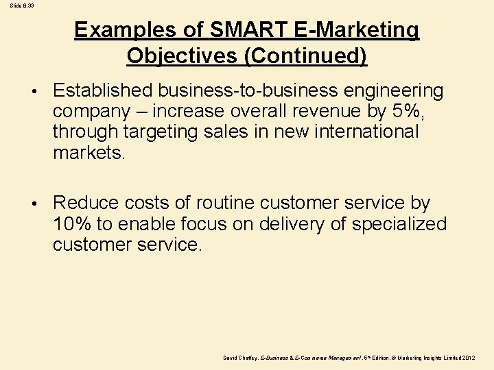 Slide 8. 33 Examples of SMART E-Marketing Objectives (Continued) • Established business-to-business engineering company