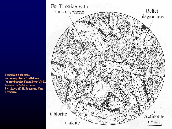 Progressive thermal metamorphism of a diabase (coarse basalt). From Best (1982). Igneous and Metamorphic