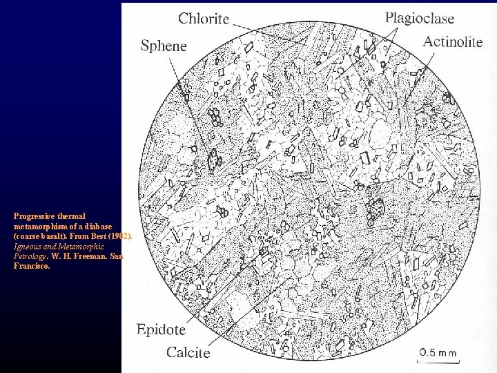 Progressive thermal metamorphism of a diabase (coarse basalt). From Best (1982). Igneous and Metamorphic