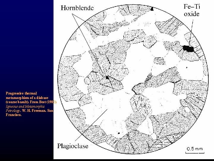 Progressive thermal metamorphism of a diabase (coarse basalt). From Best (1982). Igneous and Metamorphic