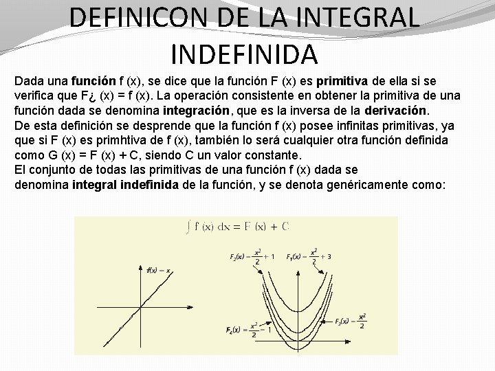 DEFINICON DE LA INTEGRAL INDEFINIDA Dada una función f (x), se dice que la DEFINICON DE LA INTEGRAL INDEFINIDA Dada una función f (x), se dice que la