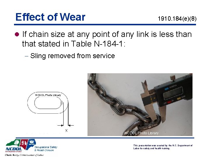 Effect of Wear 1910. 184(e)(8) l If chain size at any point of any