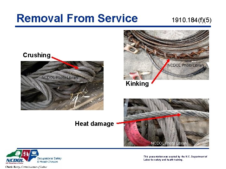 Removal From Service 1910. 184(f)(5) Crushing NCDOL Photo Library Kinking Heat damage NCDOL Photo