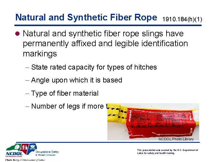 Natural and Synthetic Fiber Rope 1910. 184(h)(1) l Natural and synthetic fiber rope slings