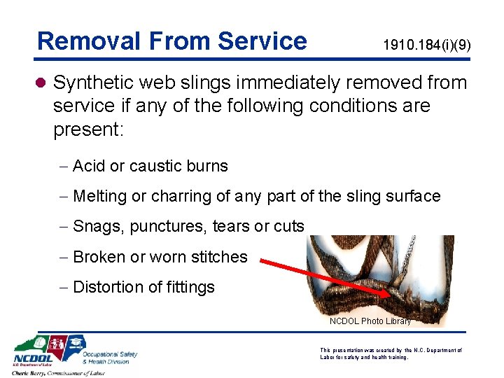 Removal From Service 1910. 184(i)(9) l Synthetic web slings immediately removed from service if