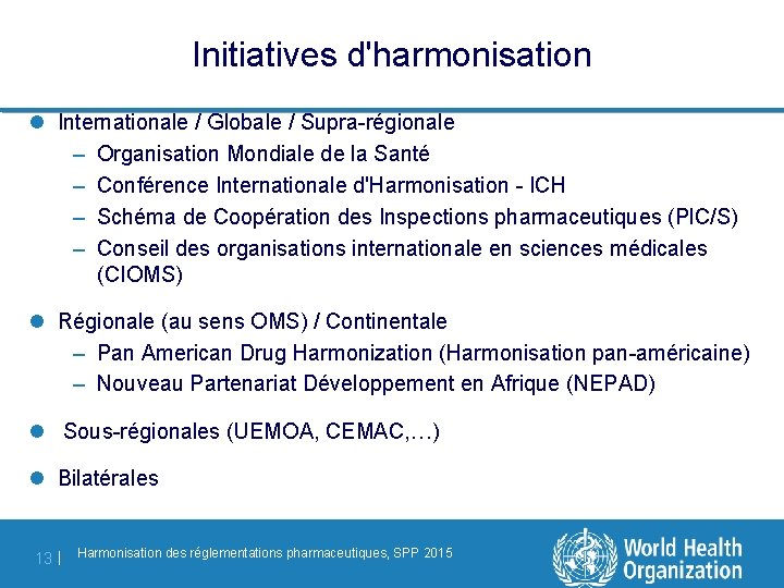 Initiatives d'harmonisation l Internationale / Globale / Supra-régionale – Organisation Mondiale de la Santé