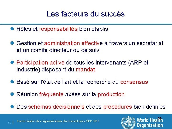 Les facteurs du succès l Rôles et responsabilités bien établis l Gestion et administration