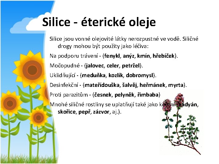 Silice - éterické oleje Silice jsou vonné olejovité látky nerozpustné ve vodě. Siličné drogy