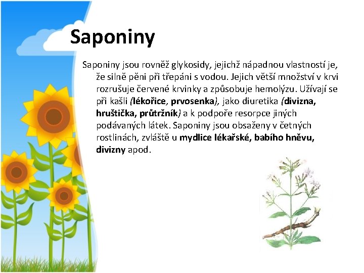 Saponiny jsou rovněž glykosidy, jejichž nápadnou vlastností je, že silně pěni při třepáni s