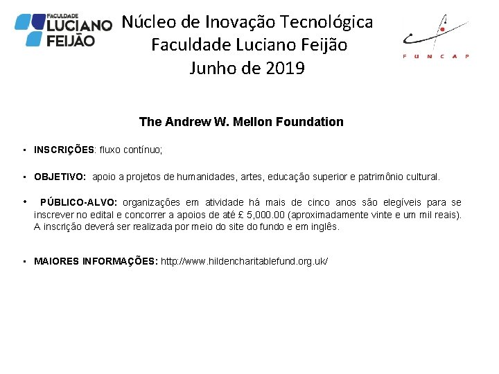 Núcleo de Inovação Tecnológica Faculdade Luciano Feijão Junho de 2019 The Andrew W. Mellon