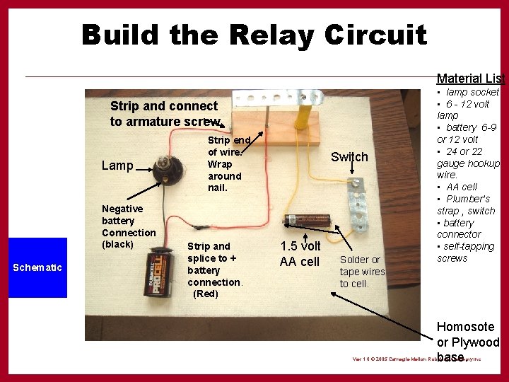 Build the Relay Circuit Material List Strip and connect to armature screw Lamp Negative