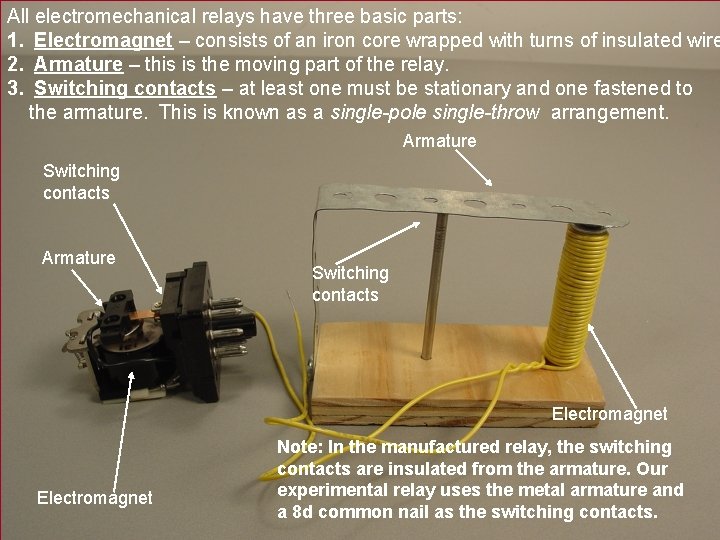 All electromechanical relays have three basic parts: 1. Electromagnet – consists of an iron