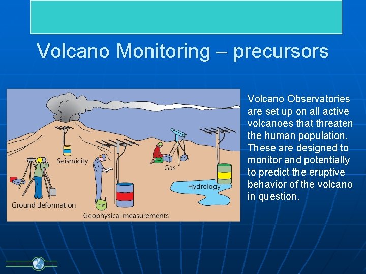 Volcano Monitoring – precursors Volcano Observatories are set up on all active volcanoes that