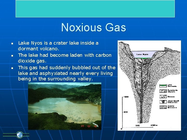Noxious Gas n n n Lake Nyos is a crater lake inside a dormant