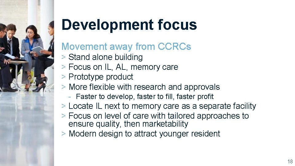 Development focus Movement away from CCRCs > > Stand alone building Focus on IL,