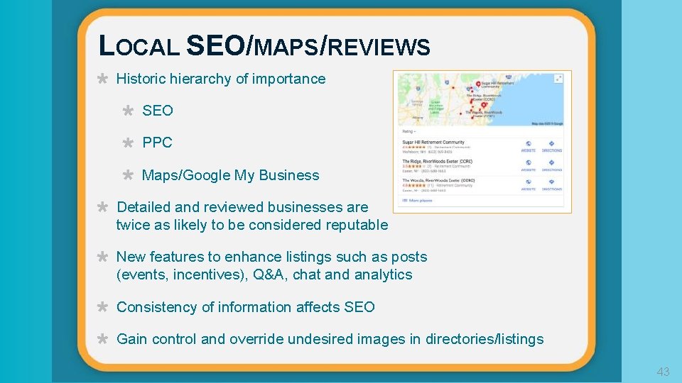 LOCAL SEO/MAPS/REVIEWS Historic hierarchy of importance SEO PPC Maps/Google My Business Detailed and reviewed