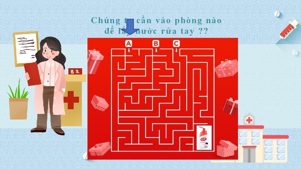 Chúng ta cần vào phòng nào để lấy nước rửa tay ? ? 