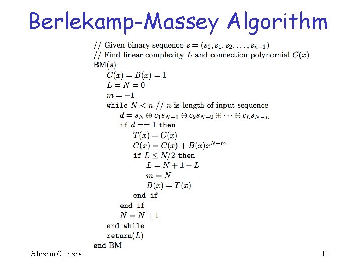 Berlekamp-Massey Algorithm Stream Ciphers 11 