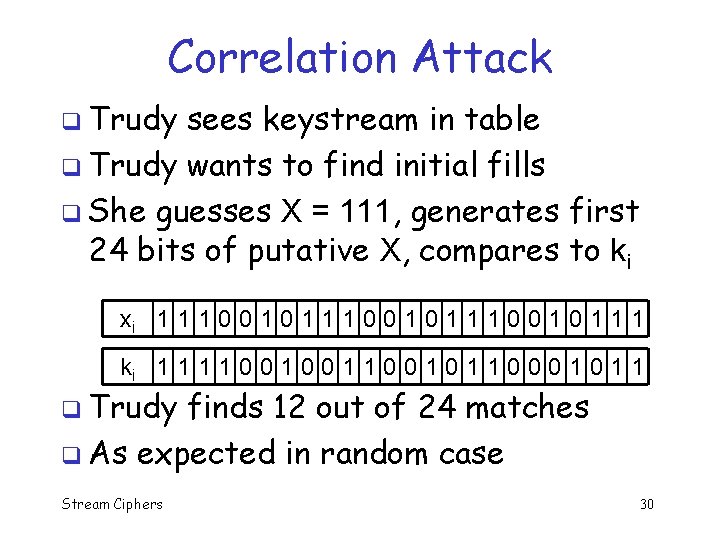 Correlation Attack q Trudy sees keystream in table q Trudy wants to find initial