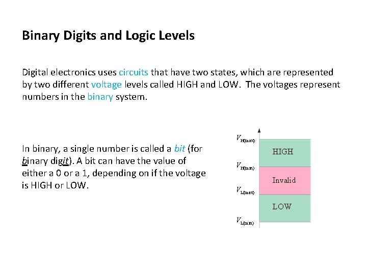 Binary Digits and Logic Levels Digital electronics uses circuits that have two states, which