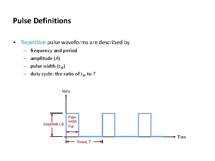 Pulse Definitions • Repetitive pulse waveforms are described by – – frequency and period