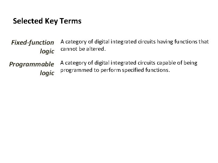 Selected Key Terms Fixed-function A category of digital integrated circuits having functions that logic