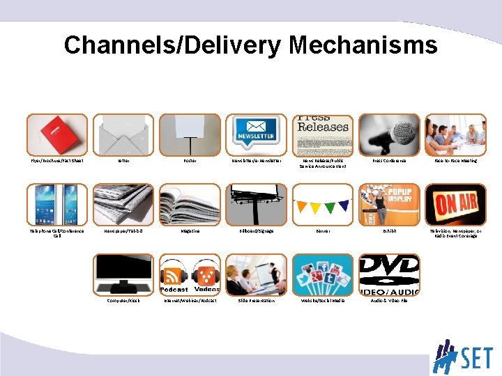 Channels/Delivery Mechanisms Flyer/Brochure/Fact Sheet Letter Poster Newsletter/e-Newsletter News Release/Public Service Announcement Press Conference Face-to-Face