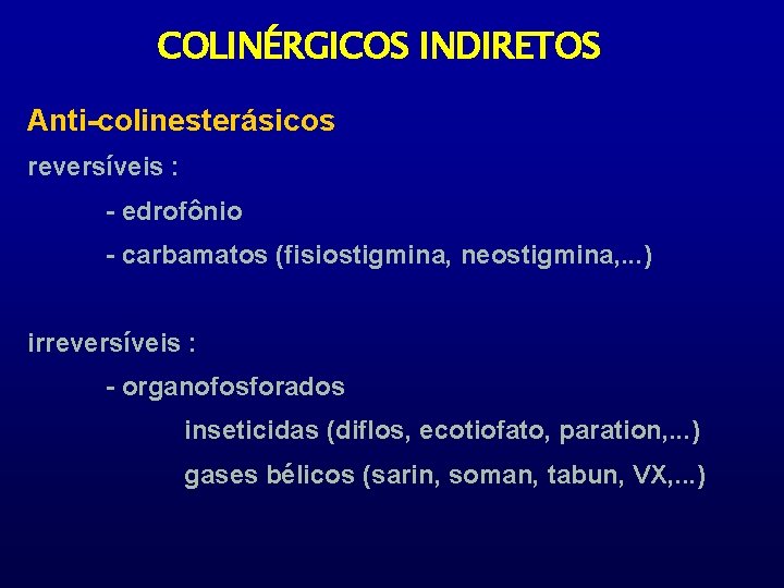 COLINÉRGICOS INDIRETOS Anti-colinesterásicos reversíveis : - edrofônio - carbamatos (fisiostigmina, neostigmina, . . .