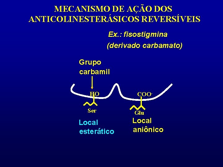 MECANISMO DE AÇÃO DOS ANTICOLINESTERÁSICOS REVERSÍVEIS Ex. : fisostigmina (derivado carbamato) Grupo carbamil HO