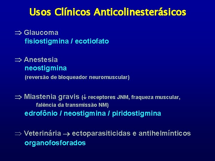 Usos Clínicos Anticolinesterásicos Glaucoma fisiostigmina / ecotiofato Anestesia neostigmina (reversão de bloqueador neuromuscular) Miastenia