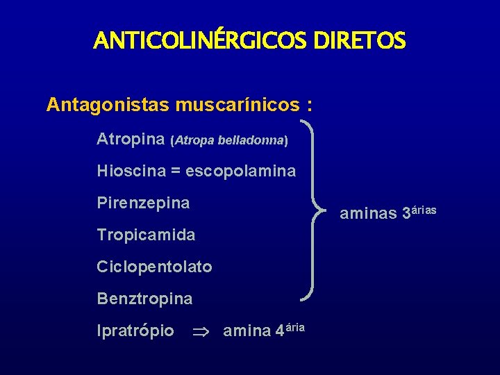 ANTICOLINÉRGICOS DIRETOS Antagonistas muscarínicos : Atropina (Atropa belladonna) Hioscina = escopolamina Pirenzepina aminas 3árias