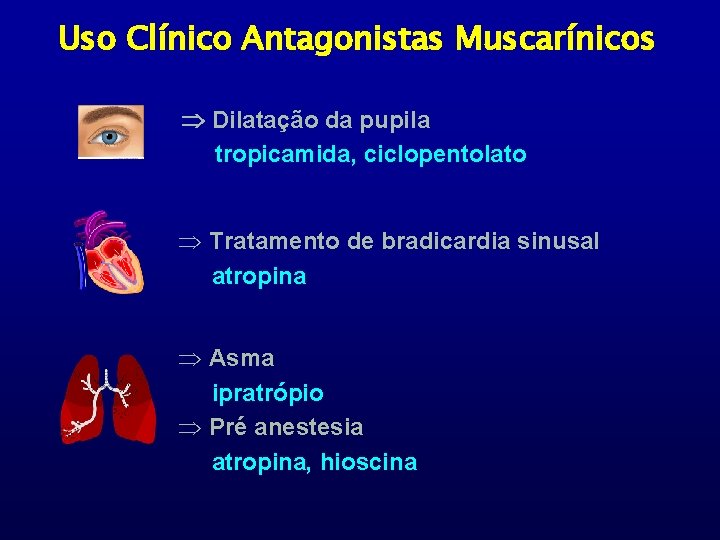 Uso Clínico Antagonistas Muscarínicos Dilatação da pupila tropicamida, ciclopentolato Þ Tratamento de bradicardia sinusal