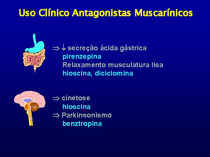 Uso Clínico Antagonistas Muscarínicos secreção ácida gástrica pirenzepina Relaxamento musculatura lisa hioscina, diciclomina cinetose