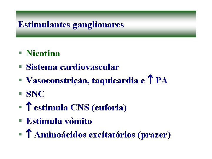 Estimulantes ganglionares § § § § Nicotina Sistema cardiovascular Vasoconstrição, taquicardia e PA SNC