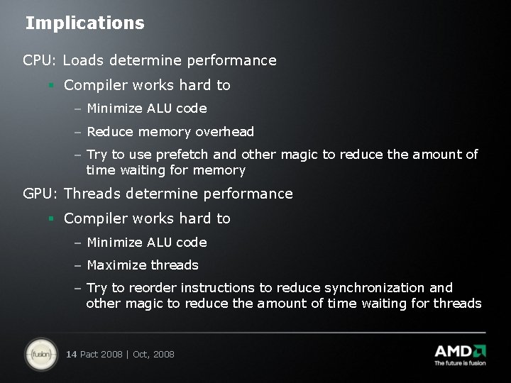 Implications CPU: Loads determine performance § Compiler works hard to – Minimize ALU code