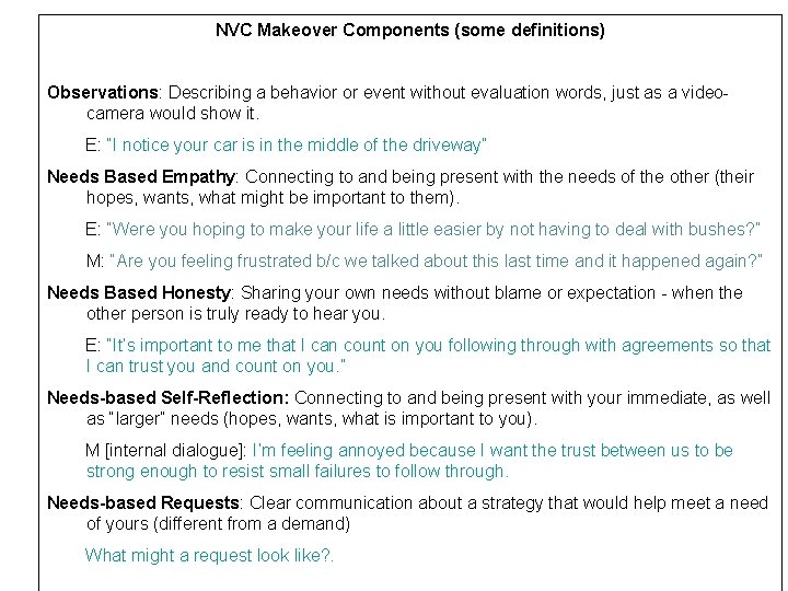 NVC Makeover Components (some definitions) Observations: Describing a behavior or event without evaluation words,