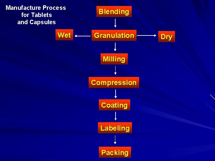 Manufacture Process for Tablets and Capsules Wet Blending Granulation Milling Compression Coating Labeling Packing