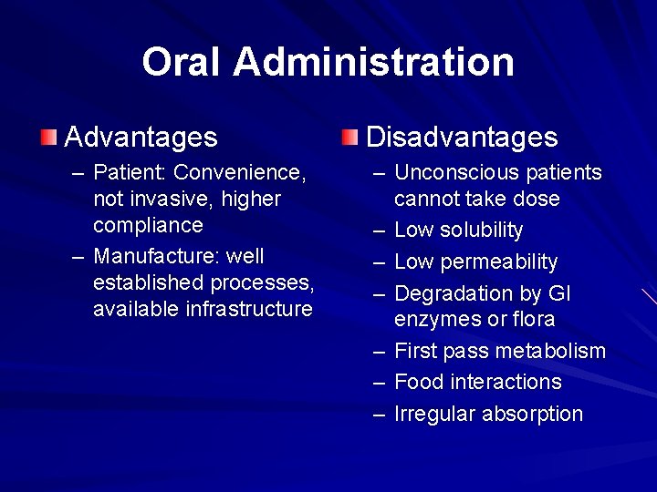 Oral Administration Advantages – Patient: Convenience, not invasive, higher compliance – Manufacture: well established