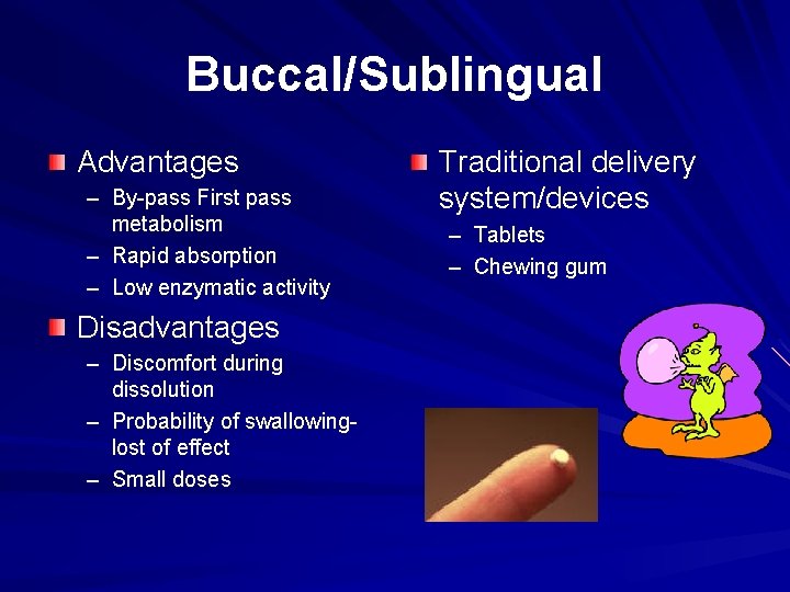 Buccal/Sublingual Advantages – By-pass First pass metabolism – Rapid absorption – Low enzymatic activity