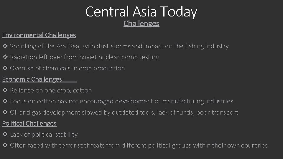 Central Asia Today Challenges Environmental Challenges v Shrinking of the Aral Sea, with dust