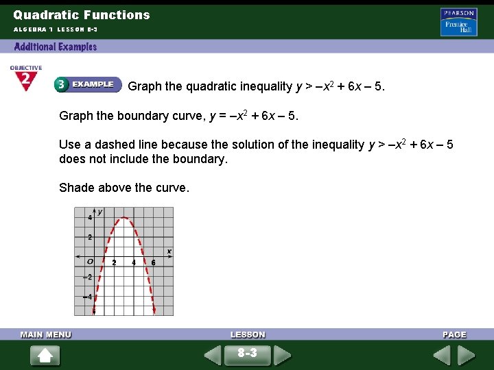 Quadratic Functions ALGEBRA 1 LESSON 8 -3 Graph the quadratic inequality y > –x