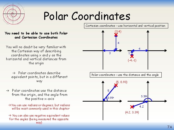 Polar Coordinates Cartesian coordinates – use horizontal and vertical position (3, 4) You need