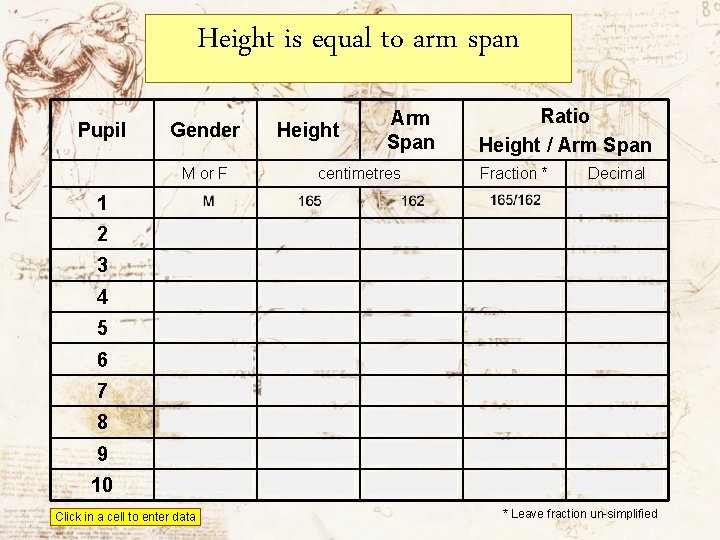 Height is equal to arm span Pupil Gender M or F Height Arm Span