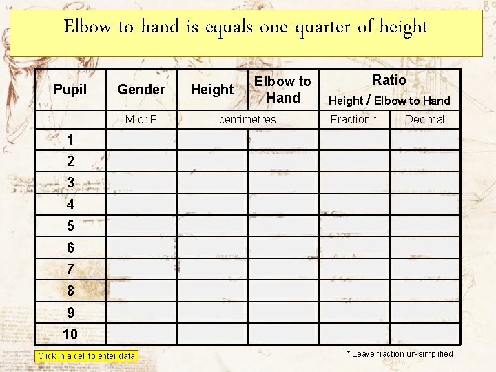 Elbow to hand is equals one quarter of height Pupil Gender M or F